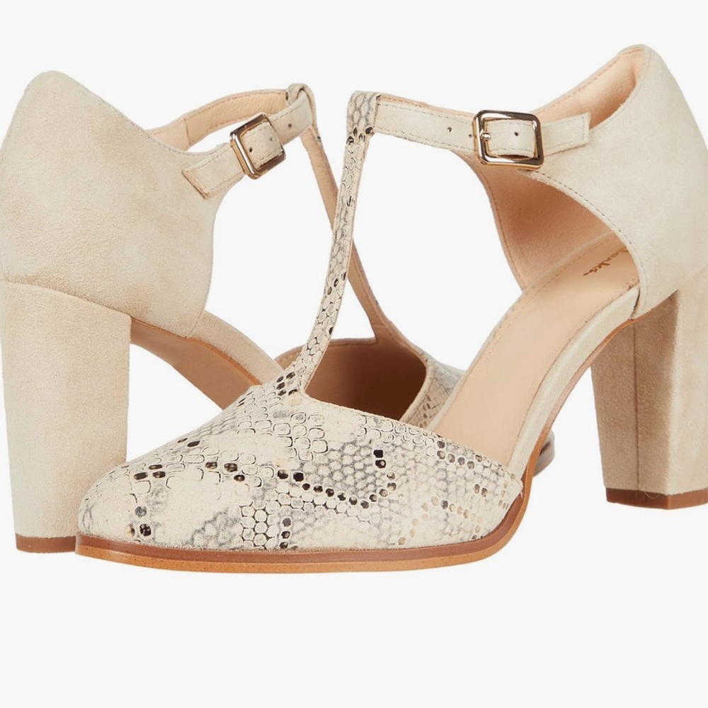 Super cute Clarks Tan Snakeskin T-Strap Heels